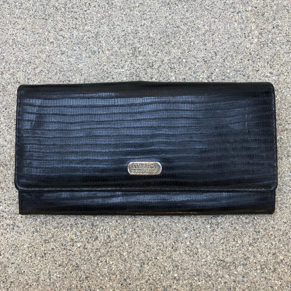 VTG PERRY ELLIS America Perry Ellis Wallet Tri Fold Black Leather Card 7" x 3.5"